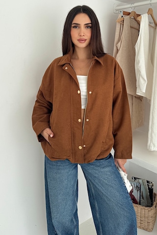Kadın Fermuarlı Altın Düğmeli Mont Structured Style Taba
