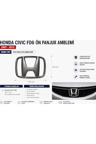 Honda Civic Fd6 Ön Panjur Amblemi Logo 2007-2012 Oem Yedek Parça