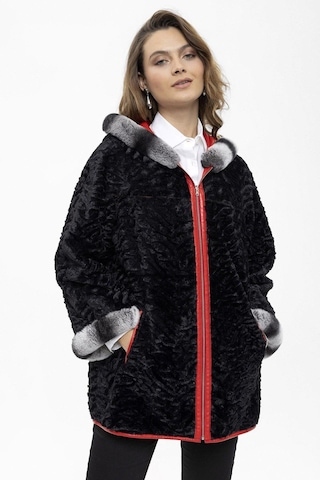 Kırmızı Perla Geniş Kesim İçi Kumaş Çift Taraflı Kapüşon Ve Kol Ağzı Kürklü Kadın Hakiki Deri Kaban-kırmızı Kırmızı