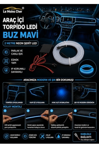 Cupra Leon Araç İçi Torpido Ledi Buz Mavi 2 Metre Neon Ip Şerit Led