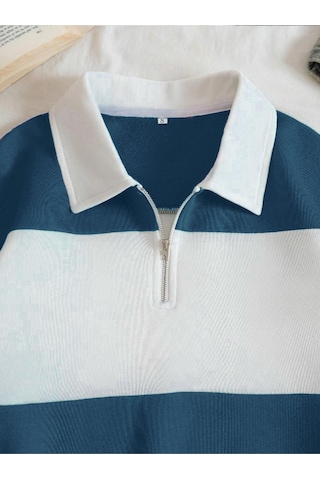 Altamira Unisex Çizgili Oversize Polo Yaka Yarım Fermuarlı Sweatshirt 001