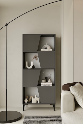 Roma Kitaplık 175 Cm - Vitrin - Gümüşlük 100% Mdf Metal Ayak Gri