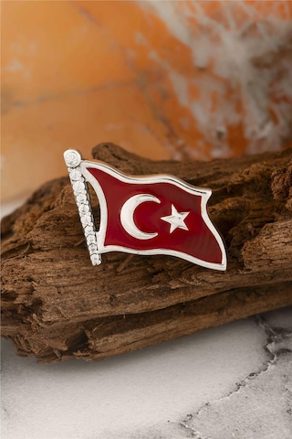 925 Ayar Gümüş Zirkon Taşlı Türk Bayrağı Bayan Rozet -8042 Gümüş