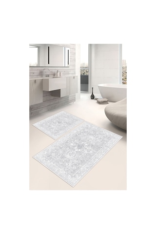 Vintage Eskitme Desenli Dijital Baskılı Yıkanabilir 2li Banyo Paspası Gri