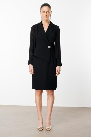 Moda İlgi Kadın Kolları Piliseli Kruvaze Kapamalı Midi Boy Elbise 6617 Siyah Siyah