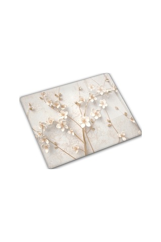 Cam Kesme Tablası - Cam Kesme Tahtası Beyaz Çiçek 29cm X 34cm