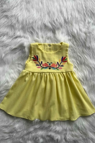 Nakışlı Şile Bezi Sarı Kız Çocuk Bebek Yazlık Pamuk Elbise 001
