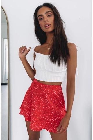 Kadın Çiçekli Yüksek Bel Fermuarlı Şifon Baskılı Kısa Halter Etek Sarı