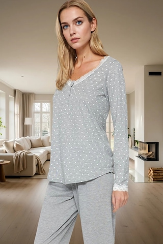 Ersefa Rahat Pijama Takımı Pamuklu Örme Puantiyeli Desen Dantel Detay Gü Gri
