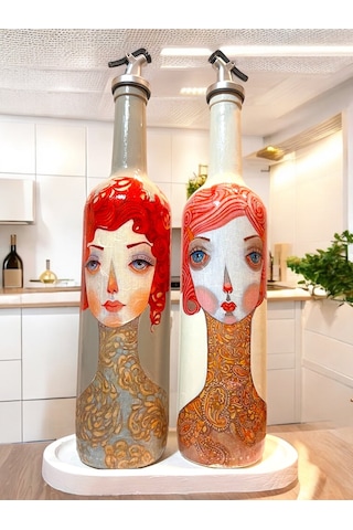 El Yapımı Kırmızı Saçlı Kadın Desenli Vintage Cam Şişe Yağdanlık Seti, Dekoratif Mutfak & Sofra Ürün Vizon