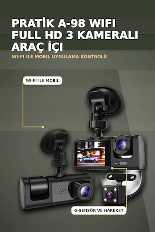1080p Full Hd 3 Kameralı Wi-fi Araç İçi Kayıt Cihazı Ve Park Modlu Güvenlik Kamerası Seti