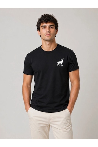 Barlashive Erkek Minimal Geyik Logolu Tişört Bisiklet Yaka Kısa Kol Yazlık T-shirt - Siyah Çok Renkli