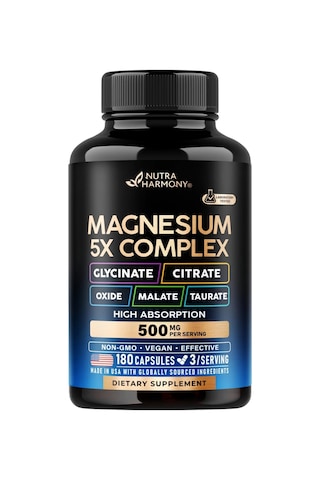 Magnesium 5-in-1 Complex Glycinate, Citrate, Oxide, Malate & Taurate 500 Mg 180 Capsules