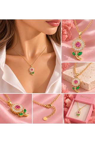 Taşlı Papatya Kolye Kırmızı Ve Pembe Renk Seçenekleri Altın-pembe