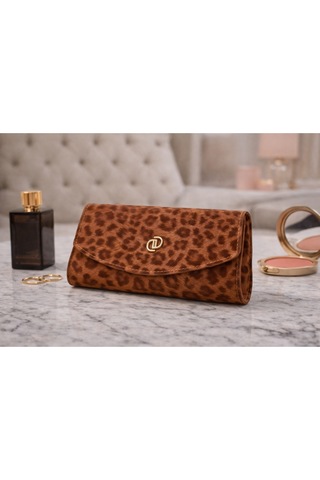 Dukidaso Kahverengi Leopar Desenli Gold Logolu Kadın Portföy Çanta Kahverengi T8309 Kahve