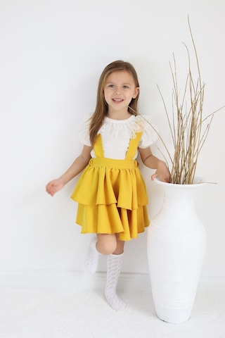 Kız Çocuk Helen Sarı Askılı Kat Kat Bağlama Jile Elbise Dantel Detay Ekru Kısa Kollu Bluz İkili Takım
