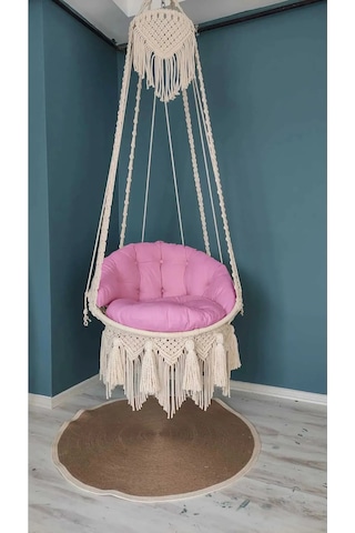 Pembe Makrome Salıncak Minderi M&ro Döşemelik Kumaşlı Sadece Minder Pembe