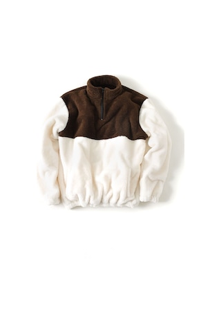 Fifty Color Erkek Oversize Yarım Fermuarlı Pelüş Sweat-Beyaz - Kahverengi