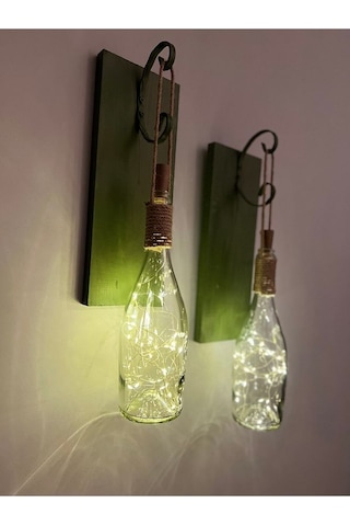 Tıpa Peri Led Işıklı Koyu Yeşil Ahşap Cam Şampanya Şişesi Duvar A Çok Renkli