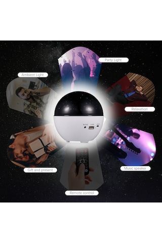 Konesam Usb Şarjlı 2'li 1 Bluetooth Hoparlörlü Yıldız Gökyüzü Projektör Işığı Rgb Renkler, 5 Saat Çalışma Süresi
