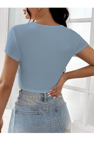 Rooted-kadın Kare & Havuz Yaka Crop T-shirt ,likralı Fitilli Kaşkorse Kumaş Mavi