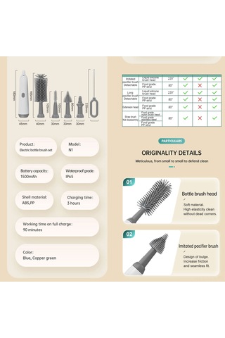 Yaozixa N1 Gri Elektrikli Biberon Fırçası Seti - 2 Hızlı Temizleme Modu, Çok Fonksiyonlu, Yeniden Kullanılamabilir Silikon Uçlar