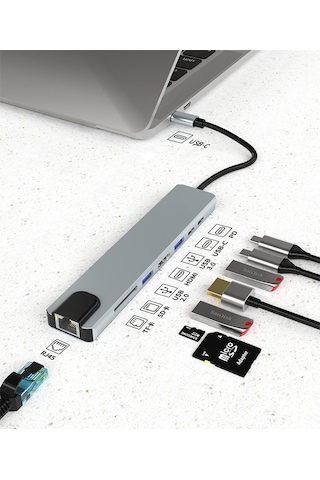 Raca, Type-c 8in1 Hdmı Çok Fonksiyonlu Usb 3.0, Dock Station, Tf-t, Sd, Usb2.0, Hdmı, Usb-c, Pd, Rj45,