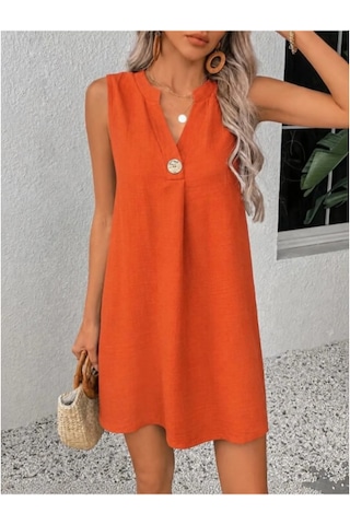 Trenol Fashion Life Kadın Kolsuz V Hakim Yakalı Düğmeli Kısa Elbise Turuncu