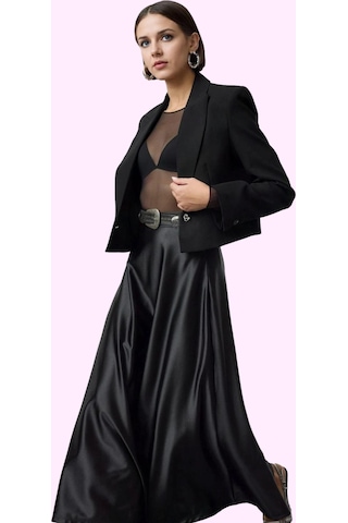 Ersefa Kadın Maxi Etek Yüksek Bel A Line Kesim Polyester Yazlık Günlük K Siyah