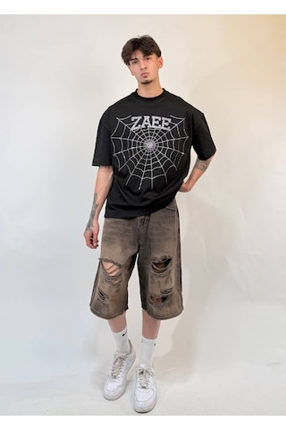 Zaee Spider Taş İşlemeli Oversize Tişört Siyah