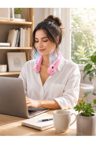 Pembe Boyun Tipi Fan Usb Şarjlı Hafif Tasarım Güçlü Hava Üflemeli Serinletici - Lisinya