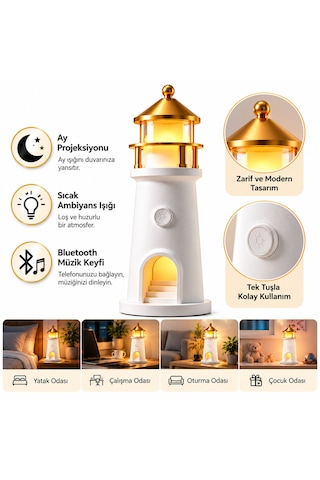 Kenly Deniz Feneri Ay Projeksiyonlu Led Gece Lambası Bluetooth Hoparlörlü Kumandalı Dimmerli 2400 Mah Şarjlı Masa Lambası Beyaz