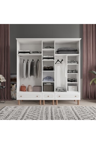 Beenal Furkan 5 Kapaklı Gardırop, Çekmeceli Dolap 200cm Beyaz-Beyaz