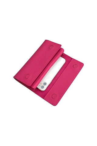 Fuşya %100 Hakiki Deri Dikiş Detaylı Gizli Mıknatıslı Kapaklı Özel Tasarım Kadın Cüzdan Portföy Fuşya