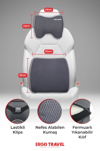 Viscofoam Carfort Büyük Visco Araç Boyun Yastığı – Visco Araç Bel Yastığı Takım - Araç Yastığı - Gri | Ergo Travel