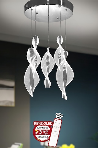 Kumandalı 3 Renk Işıklı Modern Sarkıt Led Avize Krom Kasa Salon,oda ,mutfak ,hol Avizesi Krom