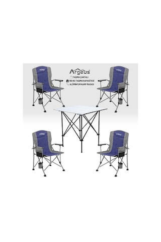 4 Adet Katlanır Kamp Sandalyesi Ve Alüminyum Masa Seti - Rustic Silver - Mavi Çok Renkli