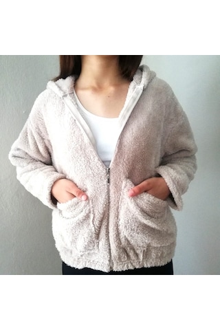 Yumuşacık Peluş Kapşonlu Fermuarlı Sweatshirt Hırka Taş Renk Çok Renkli