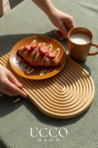 Doğal Bambu Sunumluk - 33x20x1,3cm Kahve, Tatlı, Peynir Oval Oluklu Servis Tabağı Tepsi Krem
