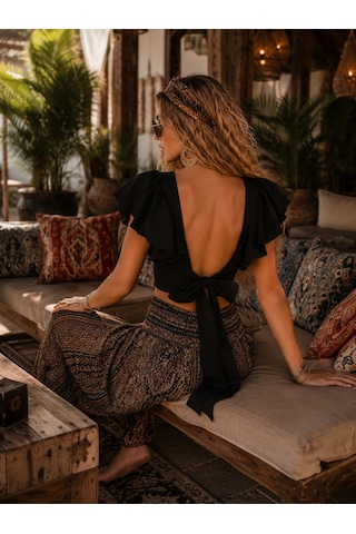 Na Addesıgn Bohem Chic Bluz Sırt Dekolteli Fırfır Kol Tasarım Crop Siyah