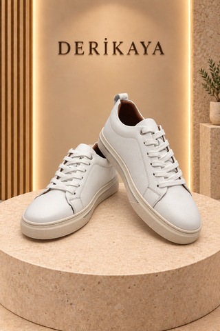 Deri Kaya Erkek Minimal Tasarım Bağcıklı Günlük Sneaker Spor Ayakkabı Beyaz