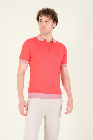 Giyim Dünyası Erkek Renkli Yaka Yarım Fermuarlı Polo Yaka Merserize T-shirt Mercan 001