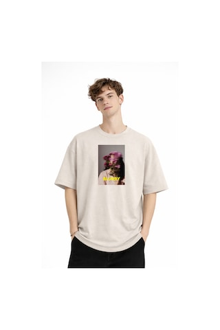 Misa Tahtakale Blurry - Oversize Erkek Tişört Bej Çok Renkli