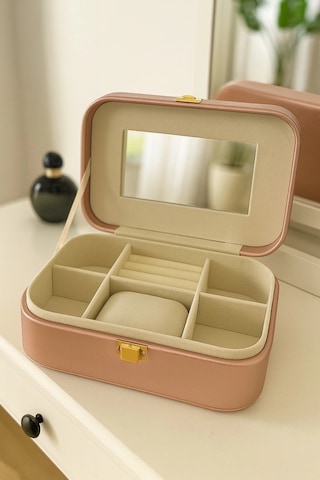 Deri Seyahat Takı Bijuteri Mücevher Kutusu Organizer Düzenleyici 20cm Pembe İthal Ürün