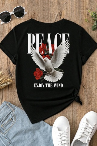 Spoyi Peace Bloom Tasarımlı %100 Pamuk Yarım Oversize Siyah T-shirt