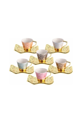 Türk Kahvesi Fincan Takımı Lüks 6 Kişilik Metal Renkli-gold Selçuklu Model Altın