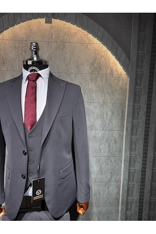 Dupont Classics Dupont Erkek Slim Fit 6 Drop Zara Kumaş Likra Çift Düğme Çift Yırtmaç Yelekli Takım Elbise Antrasit - Gri