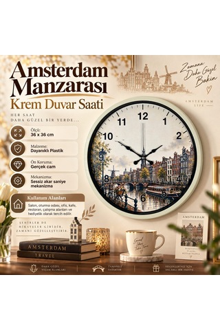 Almira Duvar Saati Amsterdam Manzarası 36 X 36 Cm Krem Duvar Saati