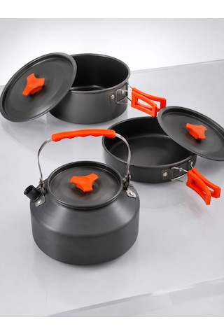 Kompakt Kamp Yemek Seti Alüminyum Tencere Tava Çaydanlık Taşıma Fileli Outdoor Set Çokrenkli