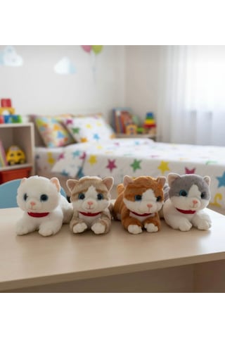 Sevimli Kedi Peluş Yavru Kedi Sesli Miyavlayan Peluş Kedi Uyku Arkadaşı 30 Cm Bej